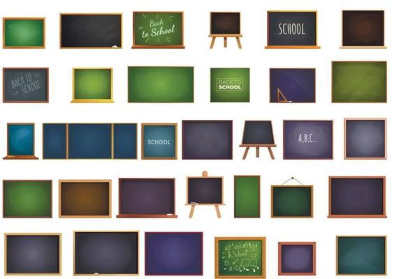 School chalkboard icons set, cartoon style