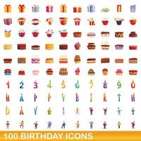 100 cumpleaños, conjunto de iconos de estilo de dibujos animados