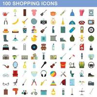 100 shopping icons set, flat style vector