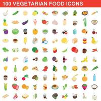 100 vegetarian food icons set, isometric 3d style vector
