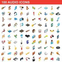 100 audio icons set, isometric 3d style vector