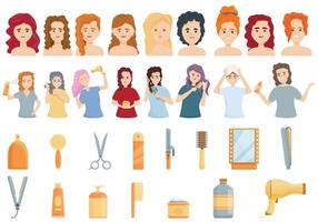 Curly hair care icons set, cartoon style vector