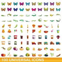 100 universal icons set, cartoon style vector