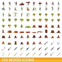 100 wood icons set, cartoon style vector