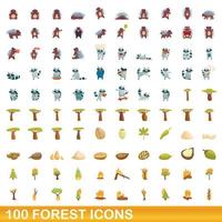 100 forest icons set, cartoon style