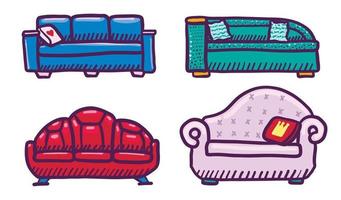 Sofa icons set, hand drawn style vector
