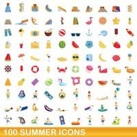 100 summer icons set, cartoon style vector