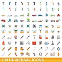 100 universal icons set, cartoon style vector