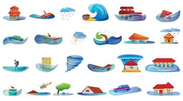 Flood icons set, cartoon style vector