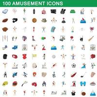 100 amusement icons set, cartoon style vector