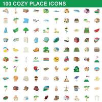 100 cozy place icons set, cartoon style