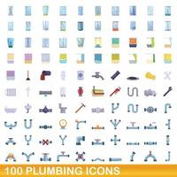 100 plumbing icons set, cartoon style vector