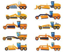 Grader machine icons set, cartoon style vector