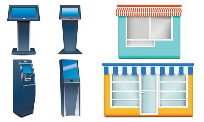 Kiosk icons set, realistic style