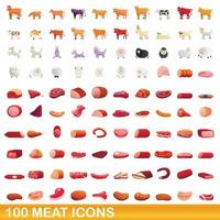 100 iconos de carne, estilo de dibujos animados vector