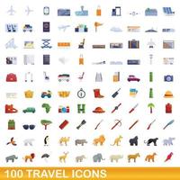 100 travel icons set, cartoon style vector