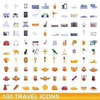 100 travel icons set, cartoon style vector