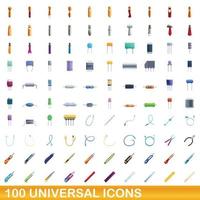 100 universal icons set, cartoon style vector