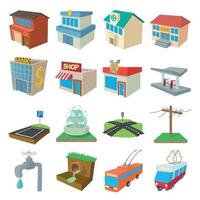 Urban infrastructure icons set, cartoon style vector