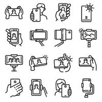 Selfie icons set, outline style vector