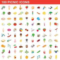 100 picnic icons set, isometric 3d style vector