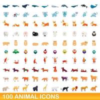 100 animales, conjunto de iconos de estilo de dibujos animados vector