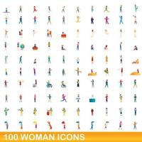 100 mujer, conjunto de iconos de estilo de dibujos animados vector