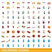 100 drink icons set, cartoon style vector