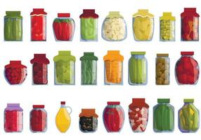 Pickled products icons set, cartoon style vector