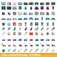 100 universal icons set, cartoon style vector