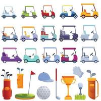 Golf cart icons set, cartoon style vector