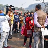 New Delhi, India December 25 2021 - Delhi Contractual Guest Teachers with posters, flags and graffitis protesting against Delhi AAP Government for making policy, Delhi Guest Teachers protesting photo