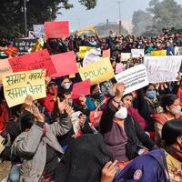 New Delhi, India December 25 2021 - Delhi Contractual Guest Teachers with posters, flags and graffitis protesting against Delhi AAP Government for making policy, Delhi Guest Teachers protesting photo