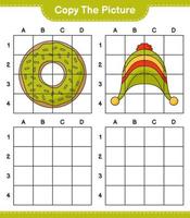 Copy the picture, copy the picture of Donut and Hat using grid lines. Educational children game, printable worksheet, vector illustration