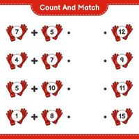 Count and match, count the number of Goalkeeper Gloves and match with the right numbers. Educational children game, printable worksheet, vector illustration