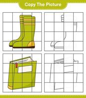 Copy the picture, copy the picture of Book and Rubber Boots using grid lines. Educational children game, printable worksheet, vector illustration