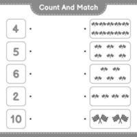 Count and match, count the number of Racing Flags and match with the right numbers. Educational children game, printable worksheet, vector illustration