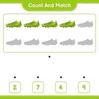 cuenta y empareja, cuenta el número de zapatos de fútbol y empareja con los números correctos. juego educativo para niños, hoja de cálculo imprimible, ilustración vectorial vector