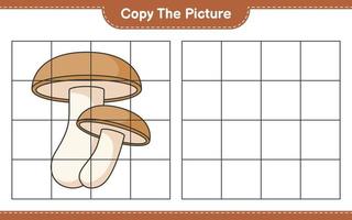 Copy the picture, copy the picture of Shiitake using grid lines. Educational children game, printable worksheet, vector illustration