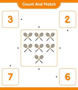 Count and match, count the number of Badminton Rackets and match with the right numbers. Educational children game, printable worksheet, vector illustration