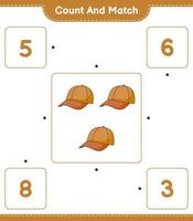 Count and match, count the number of Cap Hat and match with the right numbers. Educational children game, printable worksheet, vector illustration