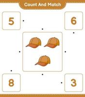 cuente y empareje, cuente el número de gorras y empareje con los números correctos. juego educativo para niños, hoja de cálculo imprimible, ilustración vectorial vector