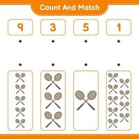 Count and match, count the number of Badminton Rackets and match with the right numbers. Educational children game, printable worksheet, vector illustration