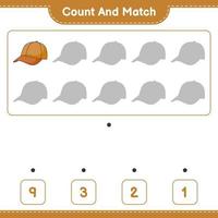 Count and match, count the number of Cap Hat and match with the right numbers. Educational children game, printable worksheet, vector illustration