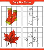 copie la imagen, copie la imagen de los calcetines y la hoja de arce usando líneas de cuadrícula. juego educativo para niños, hoja de cálculo imprimible, ilustración vectorial vector