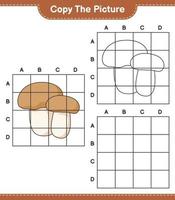 Copy the picture, copy the picture of Mushroom Boletus using grid lines. Educational children game, printable worksheet, vector illustration