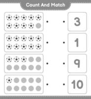 cuenta y empareja, cuenta el número de balones de fútbol y empareja con los números correctos. juego educativo para niños, hoja de cálculo imprimible, ilustración vectorial vector