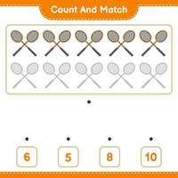 Count and match, count the number of Badminton Rackets and match with the right numbers. Educational children game, printable worksheet, vector illustration