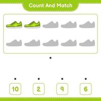 cuenta y combina, cuenta el número de zapatillas y combina con los números correctos. juego educativo para niños, hoja de cálculo imprimible, ilustración vectorial vector