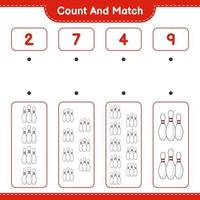 Count and match, count the number of Bowling Pin and match with the right numbers. Educational children game, printable worksheet, vector illustration